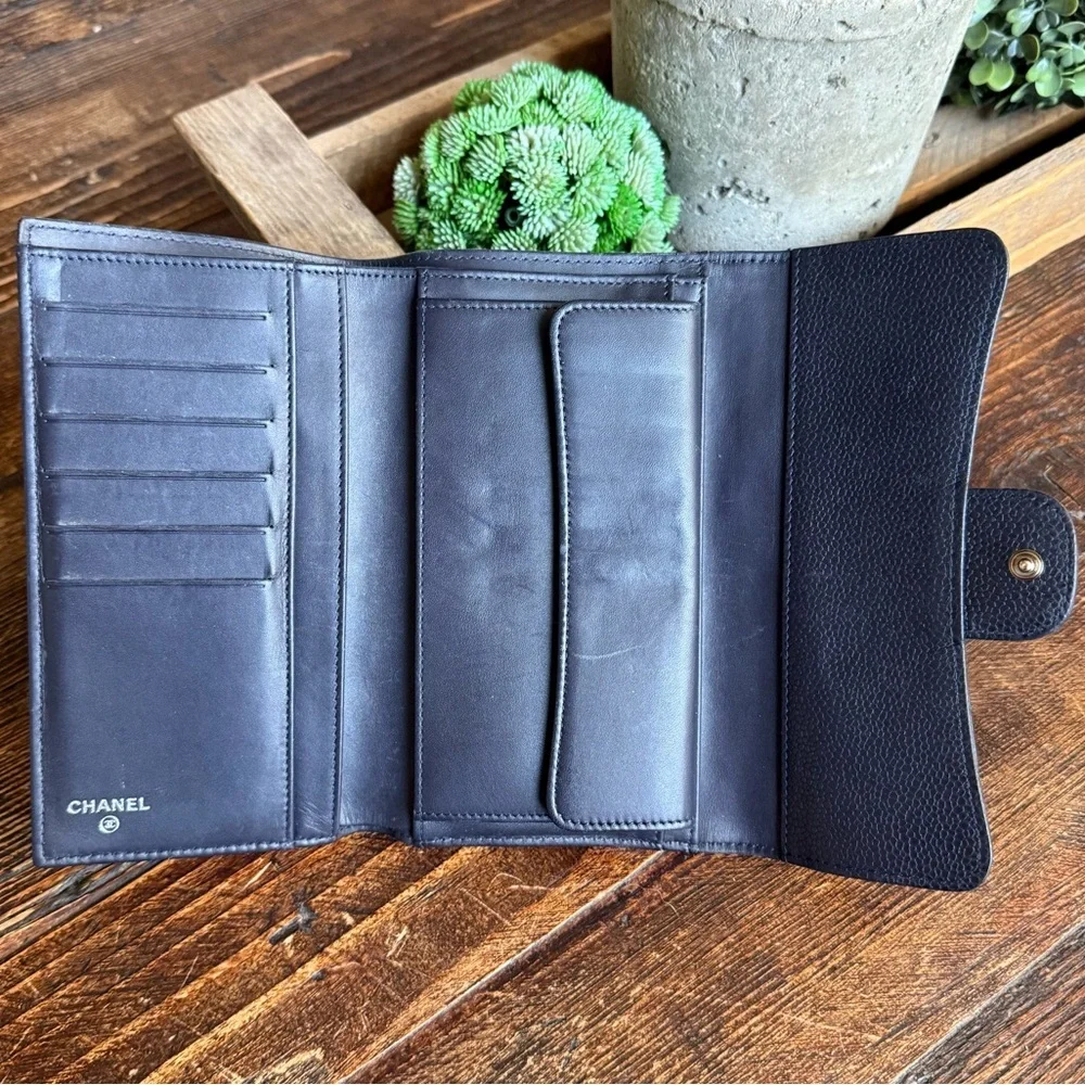 CHANEL Classic L-Flap Caviar Navy Blue Quilted Long Wallet